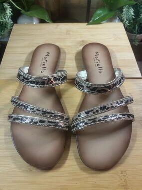 Mariella Gold Triple-Strap Leopard-Trim Slide Sandals